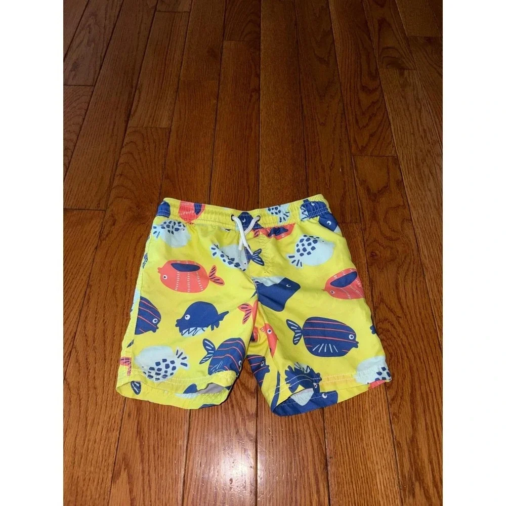 Carters Toddler Boys Yellow Fish Print Swim Trunks Size 4T Mesh Lined Shorts